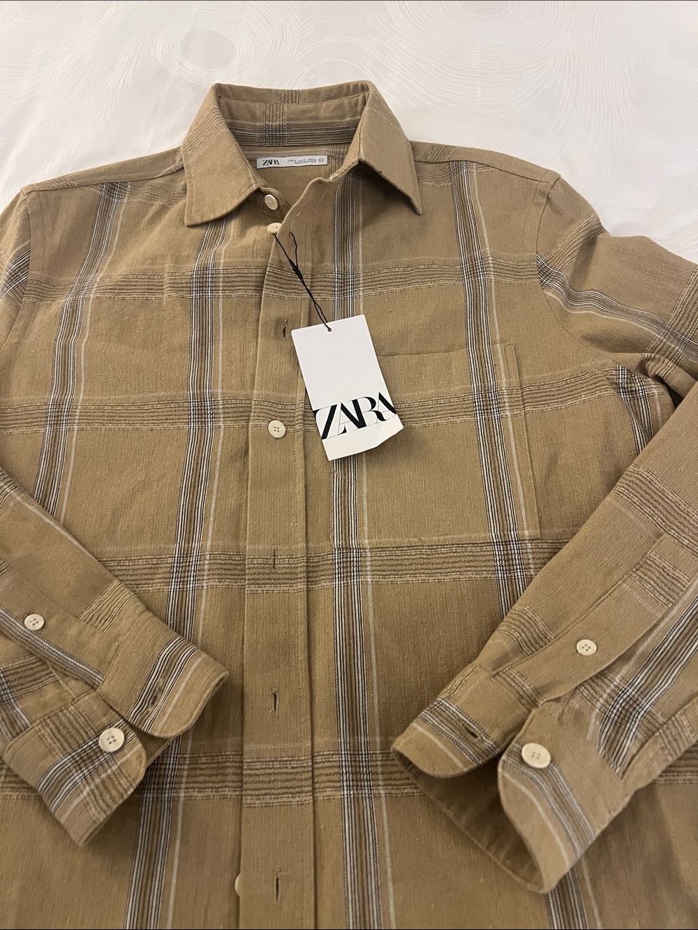 Zara Men's Tan Plaid Long-Sleeve Button-Down Shirt with Gray Stripe - Picture 3 of 7